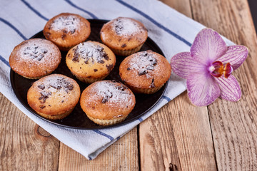 Cupcakes with chocolate chips with powdered sugar lie in a black baking sheet, on a napkin next to the orchid flower, on a wooden background. General view