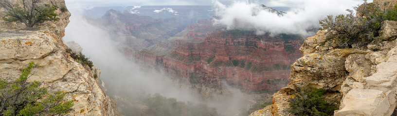 Fototapeta premium Large panoramic view on Grand Canyon under heavy fog