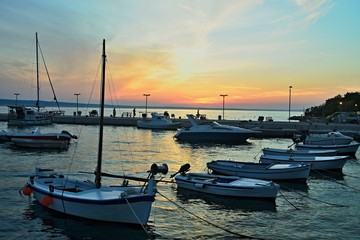 Croatia-view of a the harbor in town Starigrad after sunset