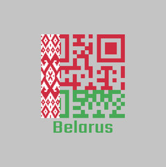 QR code set the color of Belarus flag, a horizontal bicolor of red over green in a 2:1 ratio, with a red ornamental pattern on a white vertical stripe at the hoist.