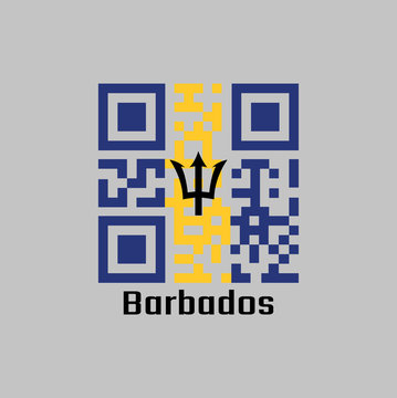 QR code set the color of Barbados flag, A vertical triband of ultramarine (hoist-side and fly-side) and gold with the black trident-head centred on the gold band.