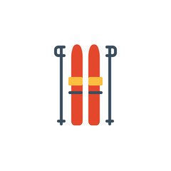 Ski and sticks flat icon, vector sign, colorful pictogram isolated on white. Winter sport symbol, logo illustration. Flat style design