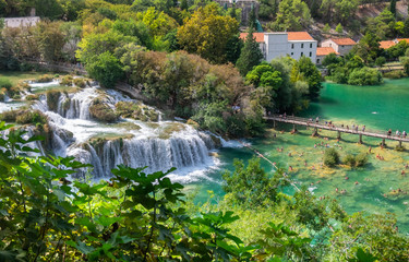 Aerial or bird view of beautiful waterfalls at Krka National Park. Croatia