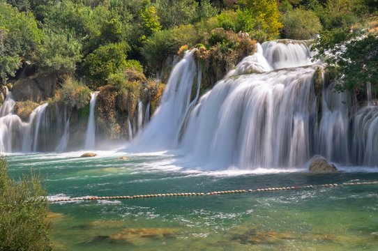 Long exposure photo of beautiful big waterfalls at Krka National Park. Croatia