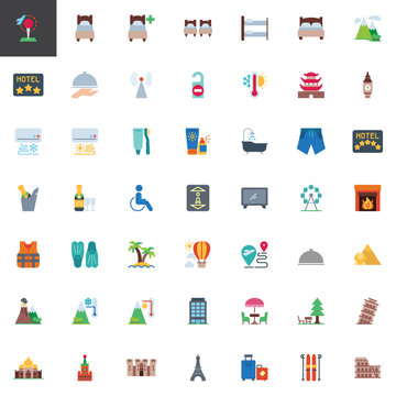 Travel and vacation elements collection, flat icons set, Colorful symbols pack contains - Pisa tower, Colosseum, Eiffel Tower, Travel handbags, Hotel building. Vector illustration. Flat style design