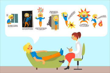 Woman talking with psychotherapist about problems and phobias depression, achluophobia, nomophobia, paranoia, entomophobia, hysteria, pyrophobia. Flat vector design