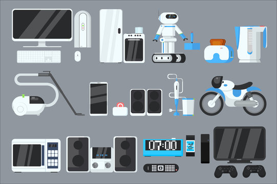 Flat vector set of modern devices and appliances. Computer, refrigerator, oven, microwave, robot, toaster, vacuum cleaner, blender, kettle, clock, phone, joystick, audio system