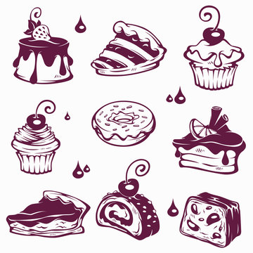 cakes, donuts and desserts, vector images, labes, emblems, cartoon objects on white background