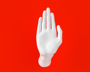 Stop hand sign gesture, ban and warning concept, white female palm isolated on red background, modern promo creative banner, 3d rendering,