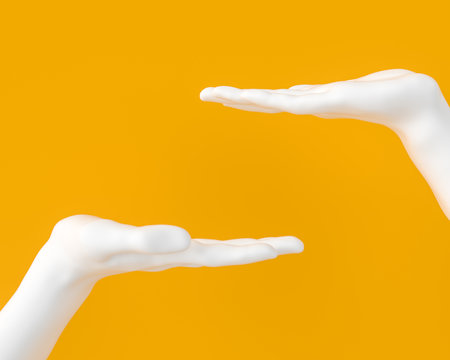 White Palm presenting gesture isolated on yellow background, female hand sculpture,  3d rendering,