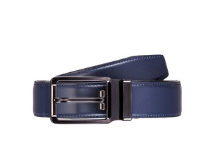 Rolled fashionable men's blue leather belt with dark matted metal