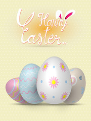 Fototapeta na wymiar Collection of realistic 3D Easter eggs with different texture, pattern on retro pastel background