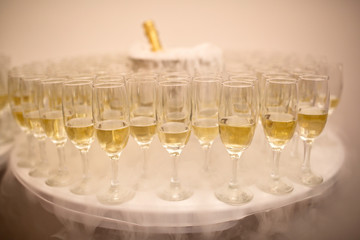 Champagne glasses closeup, Wedding reception alcohol drink table