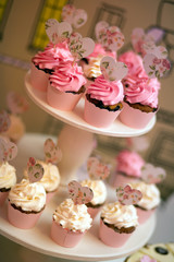 Delicious cupcakes with pink and white cream