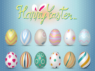Collection of realistic 3D Easter eggs with different texture, pattern on retro pastel background