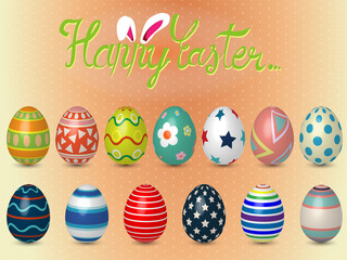 Collection of realistic 3D Easter eggs with different texture, pattern on retro pastel background