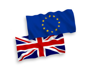 European Union and United Kingdom flags isolated on white background. Vector illustration of the EU und Great Britain flags 1 to 2 proportion.