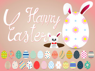 Collection of Easter eggs with different texture, pattern on retro pastel background