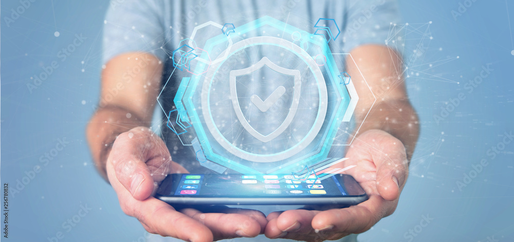 Poster man holding a shield web security concept 3d rendering