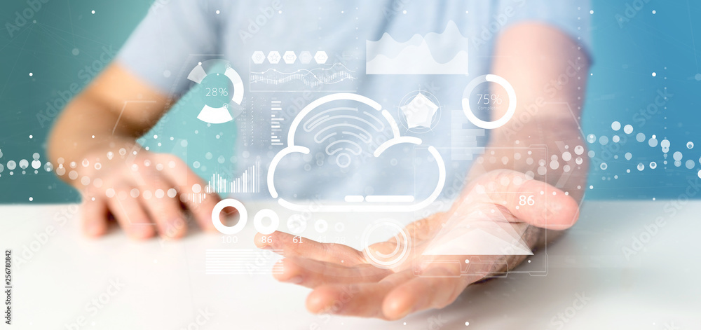 Aufkleber businessman holding cloud and wifi concept with icon, stats and data 3d rendering