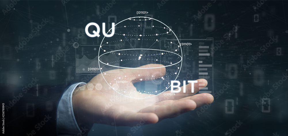Poster businessman holding quantum computing concept with qubit icon 3d rendering