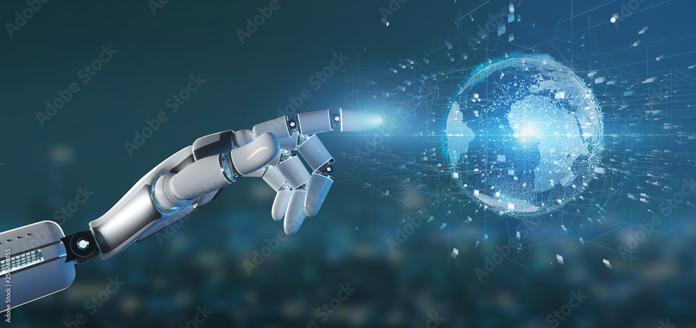 Poster cyborg hand holding a connection around a world globe 3d rendering