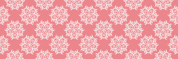 Floral white seamless print. On pale pink background