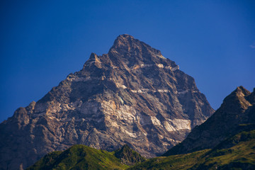 Peaks of mountains in the neighborhood of Dombai. Caucasus Mountains summer, clear day from the forest.