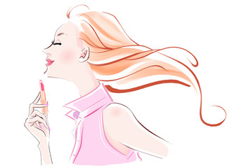 ロングヘアー ピンクのシャツ