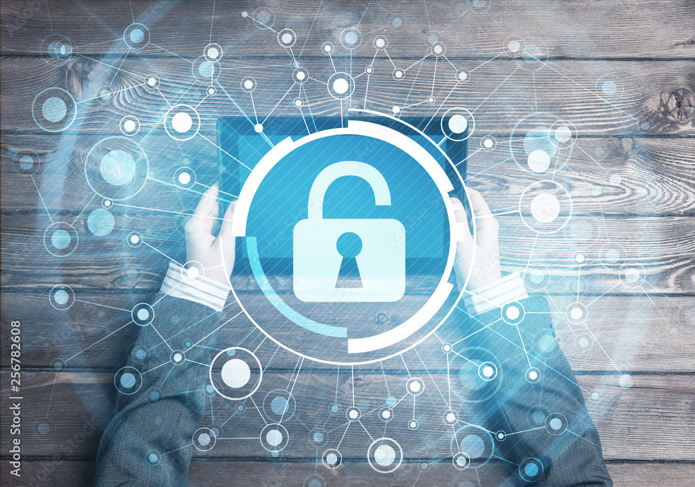 Poster concept of computer access with media lock icon on tablet screen