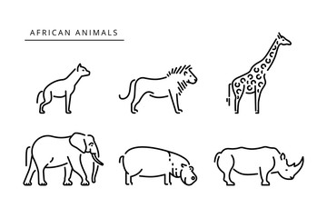 African savanna animals set outline vector illustration