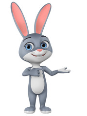 Cartoon character gray rabbit points to empty space on a white background. 3d rendering. Illustration for advertising.