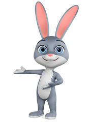 Cartoon character gray rabbit points to empty space on a white background. 3d rendering. Illustration for advertising.