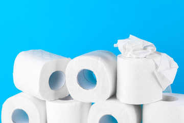 Toilet paper. Close up shot on blue background