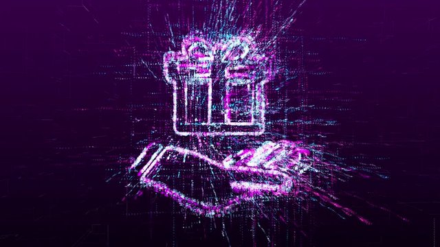 Digital animation of a gift sign. Hand with box in the virtual space of the future.
