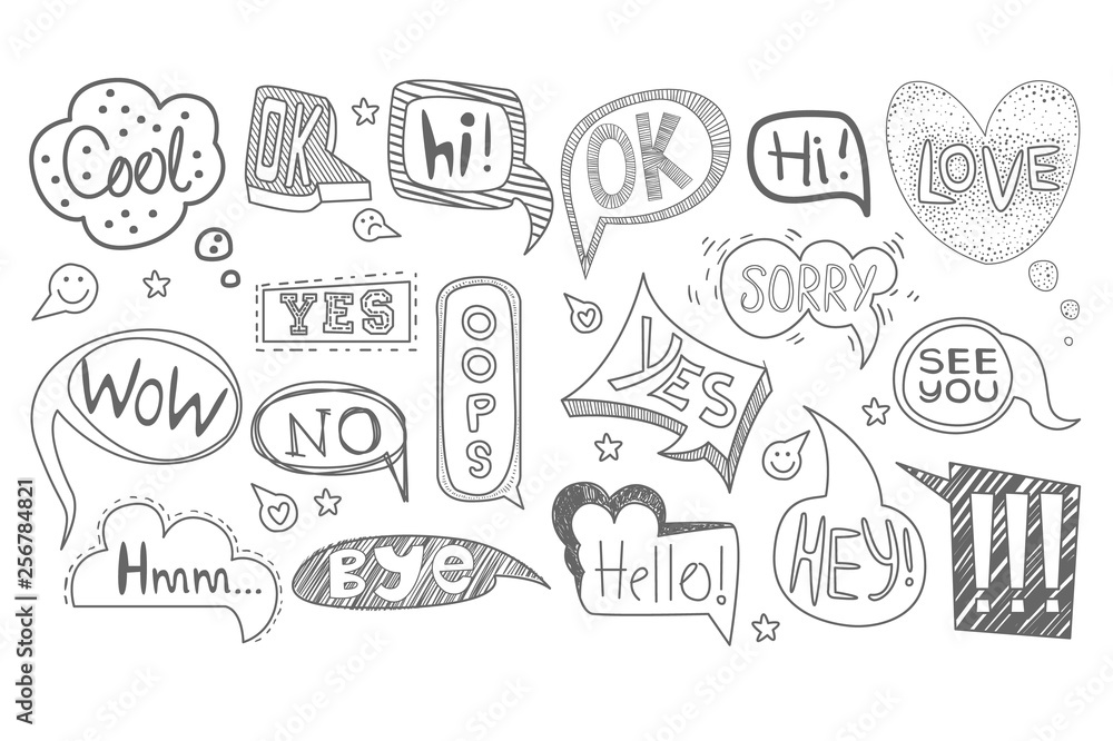 Aufkleber set of hand drawn speech bubbles of various shapes. sketches of dialog clouds with text cool, ok, hi