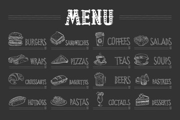Cafe menu with food and drinks on chalkboard. Sketch of burger, wrap, croissant, hot dog, sandwich, pizza, pasta, coffee, tea, beer, cocktail, salad, soup, pastry, dessert. Hand drawn vector design