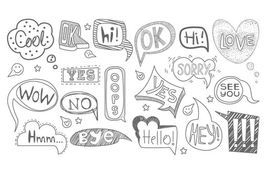 Set of hand drawn speech bubbles of various shapes. Sketches of dialog clouds with text Cool, Ok, Hi, Yes, Oops, Wow, No, Bye, Sorry, Hmm, See You. Comic vector icons