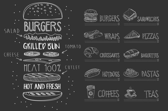 Cafe menu on black chalkboard. Burger with ingredients and text. Sketch of dessert, wrap, croissant, hot dog, coffee, sandwich, pizza, baguette, pasta, tea. Hand drawn vector design