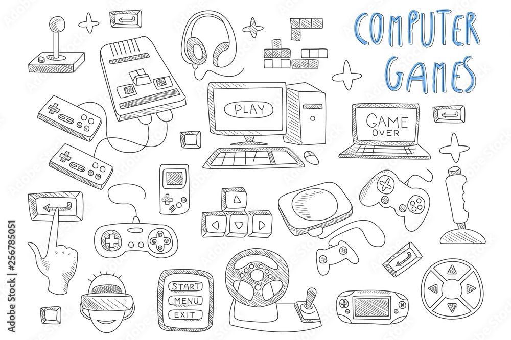 Poster set of doodle vector icons related to computer games. joysticks, gaming controllers, computer and la