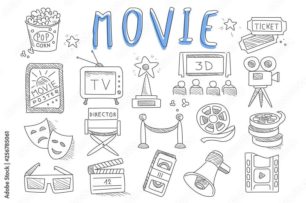 Sticker Vector set of doodle icons related to cinema. Movie production objects. Videocassette, director s chair, retro television, sad and happy mask, 3D glasses, popcorn