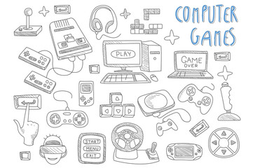 Set of doodle vector icons related to computer games. Joysticks, gaming controllers, computer and laptop. Gamer in virtual reality glasses. Electronic devices