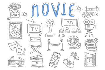 Vector set of doodle icons related to cinema. Movie production objects. Videocassette, director s chair, retro television, sad and happy mask, 3D glasses, popcorn