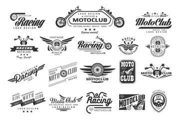 Vector set of original bikers emblems. Vintage logo design. Monochrome labels for motor club. Typography elements for badge, t-shirt print, poster © topvectors