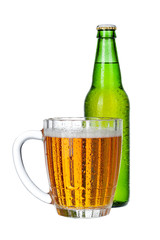 Fresh beer glass and bottle close up isolated on white background