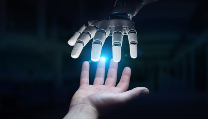 Robot hand making contact with human hand on dark background 3D rendering