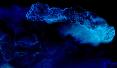 Light blue neon watercolor on deep dark background. Paper textured ink canvas for modern creative design. Aquarelle lightning night sky and thunder storm, smoke texture water color paint illustration