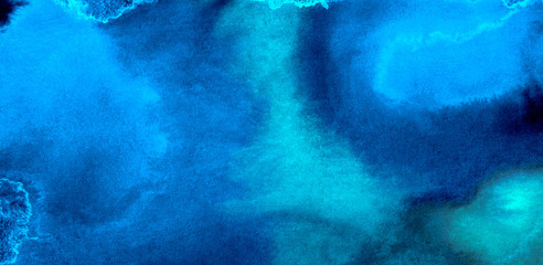 Light blue neon watercolor on deep dark background. Paper textured ink canvas for modern creative design. Aquarelle lightning night sky and thunder storm, smoke texture water color paint illustration