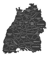 Modern Map - Baden Wuerttemberg map of Germany with counties and labels black - obrazy, fototapety, plakaty