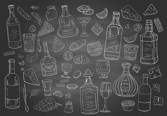 Vintage alcohol and drinks on chalboard. Different alcohol collection